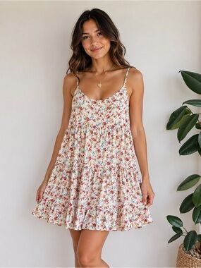 Timing Cream Floral Tiered Mini Dress